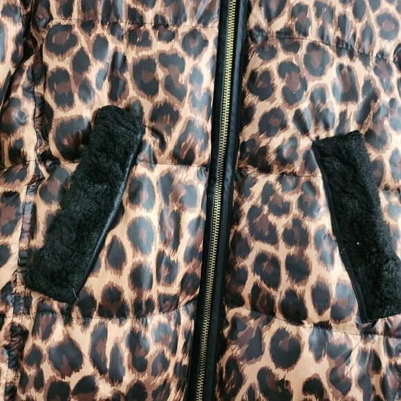 Juicy Couture Womens Puffer Coat Jacket Small Brown Cheetah Leopard Fur Hooded - Picture 3 of 16